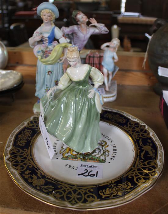 Royal Doulton Fair Lady, Capo Di Monte group figure, another and a plate